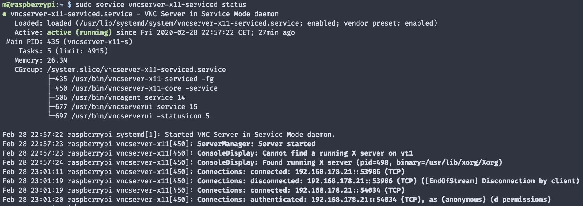 RealVNC service status output